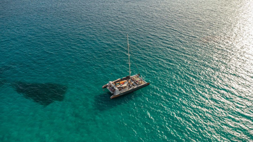 Vista aérea de un paseo en catamarán por mallorca en pleno verano