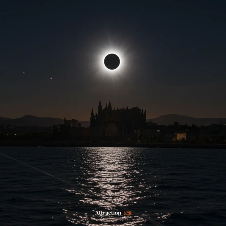 Eclipse solar total sobre la Catedral de Mallorca, visto desde un catamarán exclusivo de Attraction Catamarans. La icónica silueta de la ciudad de Palma bajo el espectacular fenómeno de un eclipse solar en Mallorca 2026, ofreciendo una perspectiva premium desde el mar.